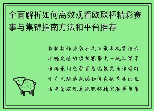 全面解析如何高效观看欧联杯精彩赛事与集锦指南方法和平台推荐