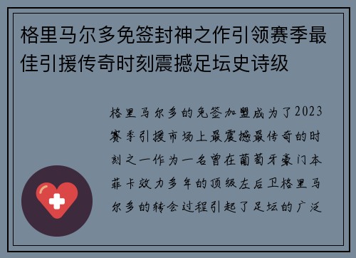 格里马尔多免签封神之作引领赛季最佳引援传奇时刻震撼足坛史诗级